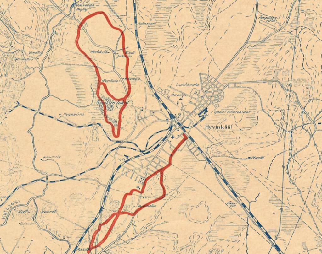 Kartta Hyvinkään hiihtoreiteistä 1930-luvulla